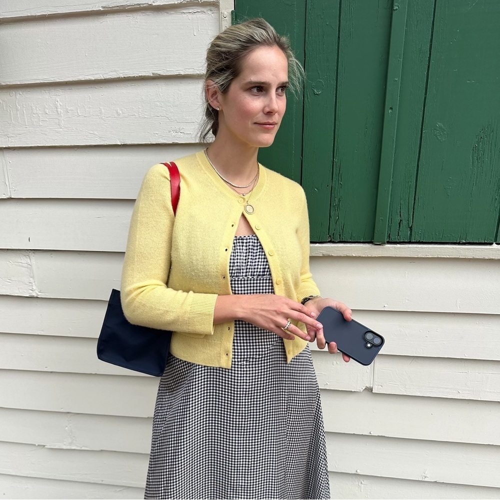 Doen Freya Cashmere Crewneck Pocket Button Knit Sweater Top Lemon Chiffon Yellow - Picture 5 of 13